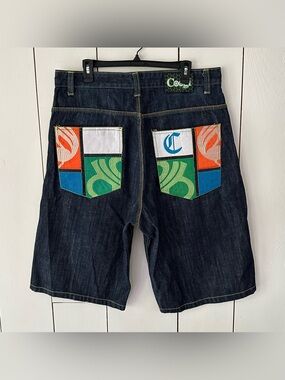 Vintage Coogi Denim Shorts Size 38 Dark Blue Multicolor Embroidered Pockets